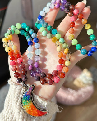 108 Rainbow Gemstone Mala Necklace - Black Thread