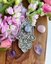 Load image into Gallery viewer, 75mm Rainbow Moonstone Hamsa Pendant
