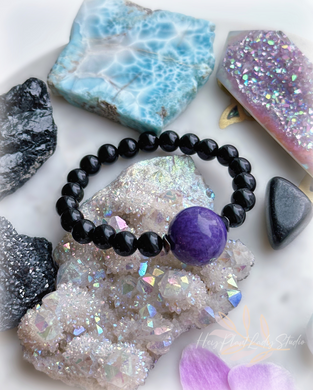 High Priestess - 19mm Charoite + 8mm Onyx Gemstone Stretch Mala Bracelet