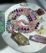 Load image into Gallery viewer, Happy Heart - Rainbow Inclusion Citrine, Rose Quartz Phosphosiderite, Citrine, Rainbow Fluorite 108 Mala Bead Necklace