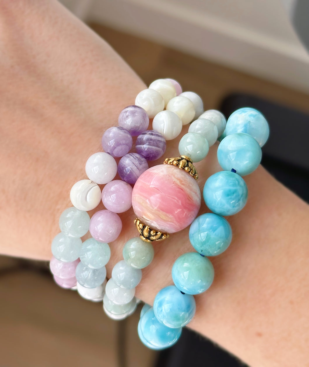 Growth - Pink Opal + Natural Jade Stretch Mala Bracelet