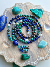 Load image into Gallery viewer, Peace on Earth - AAA Malachite, AAA Lapis Lazuli, Rainbow Moonstone, AAA Diamond Cut Clear Quartz, and Azurite 108 Mala Necklace