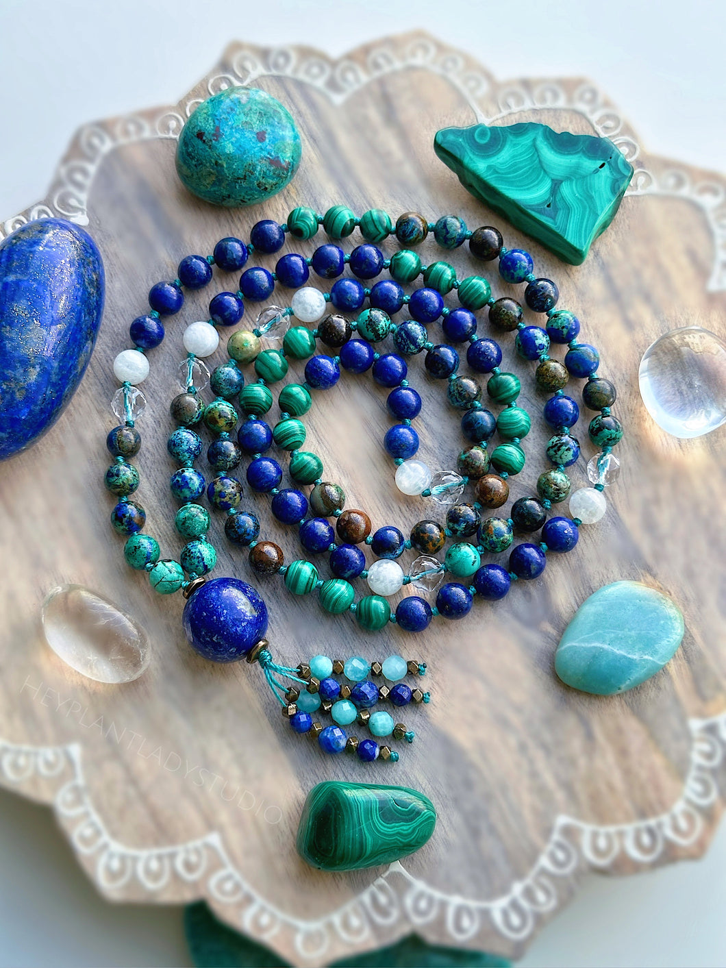 Peace on Earth - AAA Malachite, AAA Lapis Lazuli, Rainbow Moonstone, AAA Diamond Cut Clear Quartz, and Azurite 108 Mala Necklace