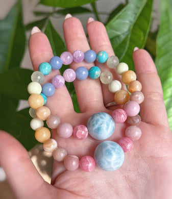 Rainbow Sea - 15mm Larimar + Pastel Rainbow Gemstone Stretch Mala Bracelet