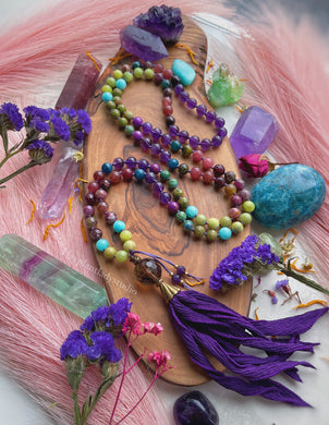RESERVED - Grounded Goddess Mala Necklace - Watermelon Tourmaline + Amethyst + Smoky Quartz Guru + Hand Dyed Silk Tassel