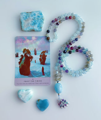 Divine Timing - 108 Gemstone Mala Necklace - Aquamarine + 925 Sterling Silver