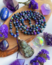 Load image into Gallery viewer, Peaceful Buddha -Tibetan Labradorite Buddha Carving - Galaxy Tigers Eye + AAA Amethyst + Blue Aura Quartz 108 Mala Necklace