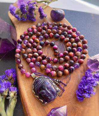 Sunset Serenity - Ruby + Sunset Tigers Eye + Amethyst + Tibetan Amethyst Buddha Carving - 108 Mala Necklace