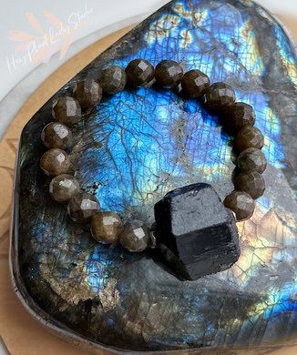Confident + Protected  - 22mm Black Tourmaline Chunk + 9mm Faceted Labradorite Stretch Mala Bracelet