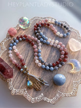 Load image into Gallery viewer, Angelic Healing - Angelite, Iolite, Aura Rose Quartz, Rose Quartz, Strawberry Quartz, Labradorite 108 Mala Bead Necklace - 24k Gold Overlay Hamsa + 24K Labradorite Bezel