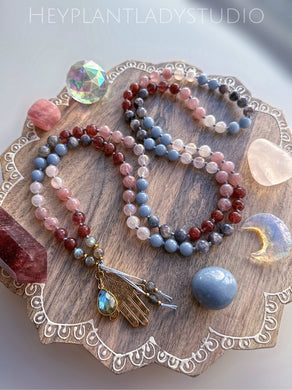 Angelic Healing - Angelite, Iolite, Aura Rose Quartz, Rose Quartz, Strawberry Quartz, Labradorite 108 Mala Bead Necklace - 24k Gold Overlay Hamsa + 24K Labradorite Bezel