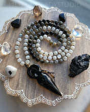 Load image into Gallery viewer, Goddess of the Moon - Moonstone, Labradorite, Onyx, Smoky Quartz, Eagle Eye 108 Mala Necklace - 24K Gold Overlay Obsidian Goddess
