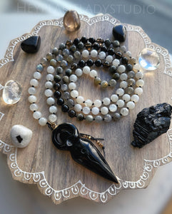 Goddess of the Moon - Moonstone, Labradorite, Onyx, Smoky Quartz, Eagle Eye 108 Mala Necklace - 24K Gold Overlay Obsidian Goddess