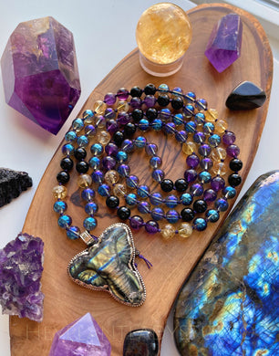 LUCKY & JOYFUL -  Labradorite Elephant Carving - Blue Aura Quartz + Citrine + Onyx + Amethyst  108 Mala Necklace