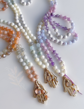 Load image into Gallery viewer, Goddess Within - Moonstone, Mother of Pearl, &amp; Natural Jade - 108 Mala Bead Necklace - 24k Gold Overlay Hamsa + 24K Gold Rose Quartz