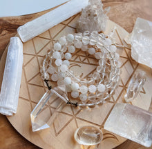 Load image into Gallery viewer, Reserved - Radiant Light - Clear Quartz + Agate + Rainbow Moonstone Mala Necklace