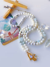 Load image into Gallery viewer, Surrender &amp; Trust - Aquamarine, Labradorite, Mother of Pearl, &amp; Natural Jade - 108 Mala Bead Necklace - 24k Gold Overlay Hamsa + 24K Gold Rose Quartz