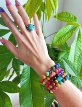 Load image into Gallery viewer, Chunky Rainbow Lava Bead Diffuser + Sterling Silver OM Charm Stretch Mala Bracelet