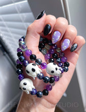 Load image into Gallery viewer, Ghostie Bracelet - Lampwork Glass Ghost, Amethyst, Green Aura Quartz, Rainbow Fluorite, Onyx, Mystic Purple and Black Agate  Stretch Mala Bracelet