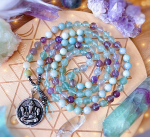 Path to Healing  - 108 - Rainbow Fluorite + Amazonite + Ganesha Mala