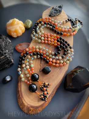 Magic in the Air - AAA Sunstone, AAA Carnelian, Green Garnet, Green Aura Quartz108 Mala Bead Necklace