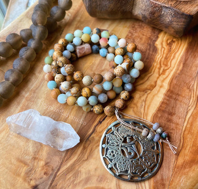 Tranquility Mala Necklace - Amazonite + Picture Jasper + Tibetan Ashtamangala Pendant