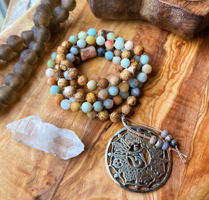 Tranquility Mala Necklace - Amazonite + Picture Jasper + Tibetan Ashtamangala Pendant