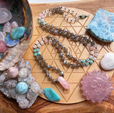 RESERVED - Divinely Guided - 108 - Luxe AAA Labradorite, Rainbow Moonstone, Rose Quartz, Diamond Cut Amazonite Luxe 108 Mala