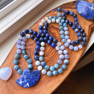 Purify the Soul Mala Necklace  - 108 - Sodalite, Selenite, Aquamarine, Blue Chalcedony, Rainbow Moonstone