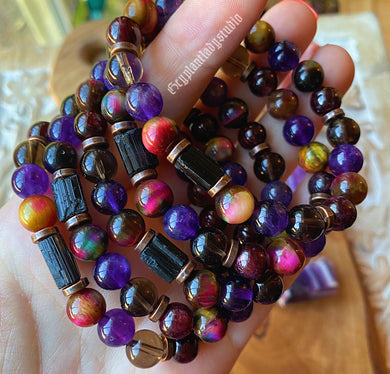 Autumn Enchantress Bracelet - Black Tourmaline + Rainbow Tigers Eye + Amethyst