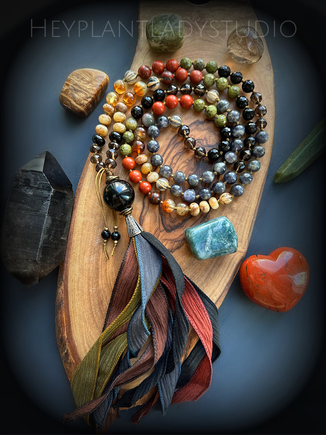 Samhain Mala Necklace - Epidote + Iolite + Honey Prehnite + Opal + Smoky Quartz + Onyx + Bloodstone + Jasper + Onyx Guru + Hand Dyed Silk Tassel