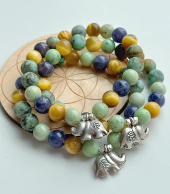 Spreading Kindness - Iolite + Hydrogrossular Garnet + Tigers Eye + African Turquoise + Karen Hill Tribe Silver Elephant Stretch Mala Bracelet