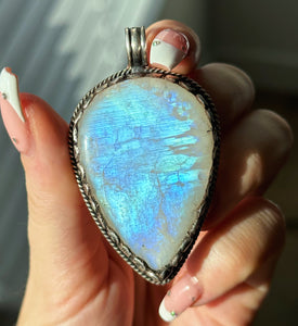 60mm Rainbow Moonstone 925 Sterling Silver Lotus Pendant