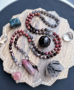 PASSION - JOY - CLARITY - Thulite, Garnet, Rubellite Quartz Cloud Quartz, Tourmalinated Quartz, Clear Quartz 108 Mala Necklace + Madagascar Rose Quartz Pendant