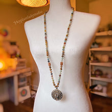 Load image into Gallery viewer, Tranquility Mala Necklace - Amazonite + Picture Jasper + Tibetan Ashtamangala Pendant