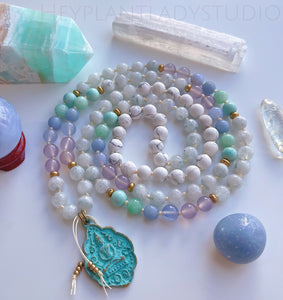 Ethereal Energy - Green Rainbow Moonstone, Blue and Lavender Chalcedony, Dragons Egg Agate, Angelite, Jade, Howlite, Brass Buddha