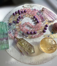 Load image into Gallery viewer, Happy Heart - Rainbow Inclusion Citrine, Rose Quartz Phosphosiderite, Citrine, Rainbow Fluorite 108 Mala Bead Necklace
