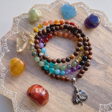 Load image into Gallery viewer, RESERVED - Enlightenment - 925 Sterling Silver Buddha Bodhi Leaf + Sandalwood + Hill Tribe Silver OM Beads + Rainbow Gemstone 108 Mala Bead Necklace (36&quot; Loop)