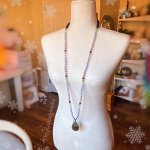 Peace on Earth - 108 Bead Mala Necklace - AAA Blue Lace Agate +AAA Shungite + AAA Labradorite + AA Kunzite + AA Moonstone