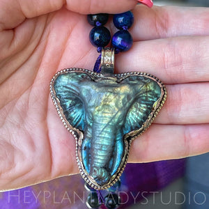 Labradorite Elephant Carving -  Galaxy Tigers Eye + Amethyst + Blue Aura Quartz 108 Mala Necklace