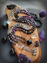Load image into Gallery viewer, Awakening Intuition- AAA Iolite, AAA Clear Quartz, AAA Indigo Gabbro, Labradorite, and AAA Tourmalinated Quartz 8mm 108 Mala Necklace