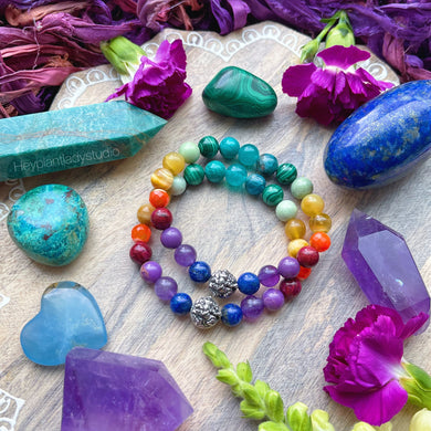 Ganesha - 925 Sterling - Rainbow Gemstone Stretch Mala Bracelet