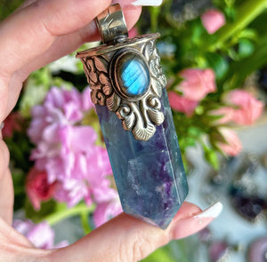80mm Blue Rainbow Fluorite + Labradorite Pendant