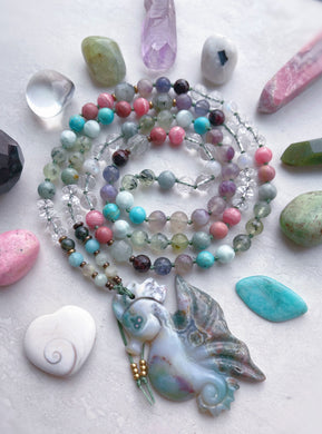 RESERVED Partial 2 - Gentle Harmony - Vintage Ocean Jasper Seahorse Carving + AAA Rhodochrosite