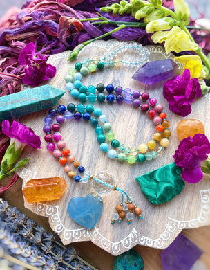 Happy Thoughts  - Rainbow Gemstone 108 Mala Bead Necklace - Clear Quartz Guru - Beaded Tassel