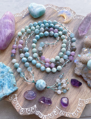 Goddess of Atlantis - 17mm Larimar Guru + Larimar AAA Kunzite + AAA Rainbow Moonstone + Labradorite + Green Moonstone + Clear Quartz + Aquamarine + Karen Hill Tribe Silver + 925 Sterling Silver