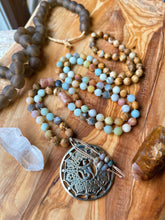 Load image into Gallery viewer, Tranquility Mala Necklace - Amazonite + Picture Jasper + Tibetan Ashtamangala Pendant