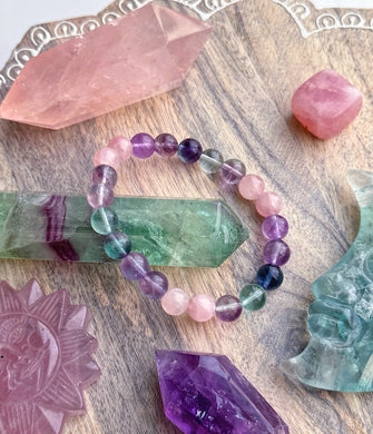 Heart Center - Madagascar Rose Quartz, AAA Rainbow Fluorite Stretch Mala Bracelet