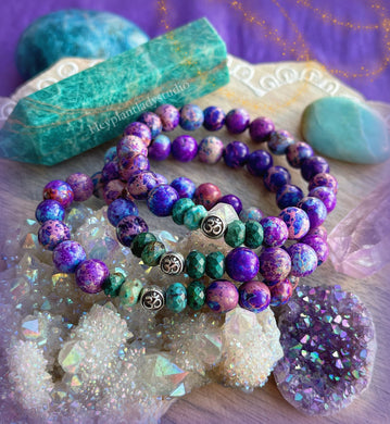 Mermaid Cove - Galaxy Jasper + Azurite + Sterling Silver OM Stretch Mala Bracelet