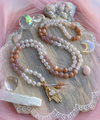 Goddess Within - 108 Mala Bead Necklace - 24k Gold Overlay Hamsa + Peach Moonstone